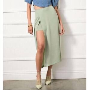 R.G. Kane Hestia Skirt Size Small Sage Green Mini/Midi High Slit Satin NEW NWOT